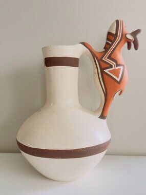 Rowena Him Signed Zuni Pottery Pitcher 1992 Roadrunner Handle
